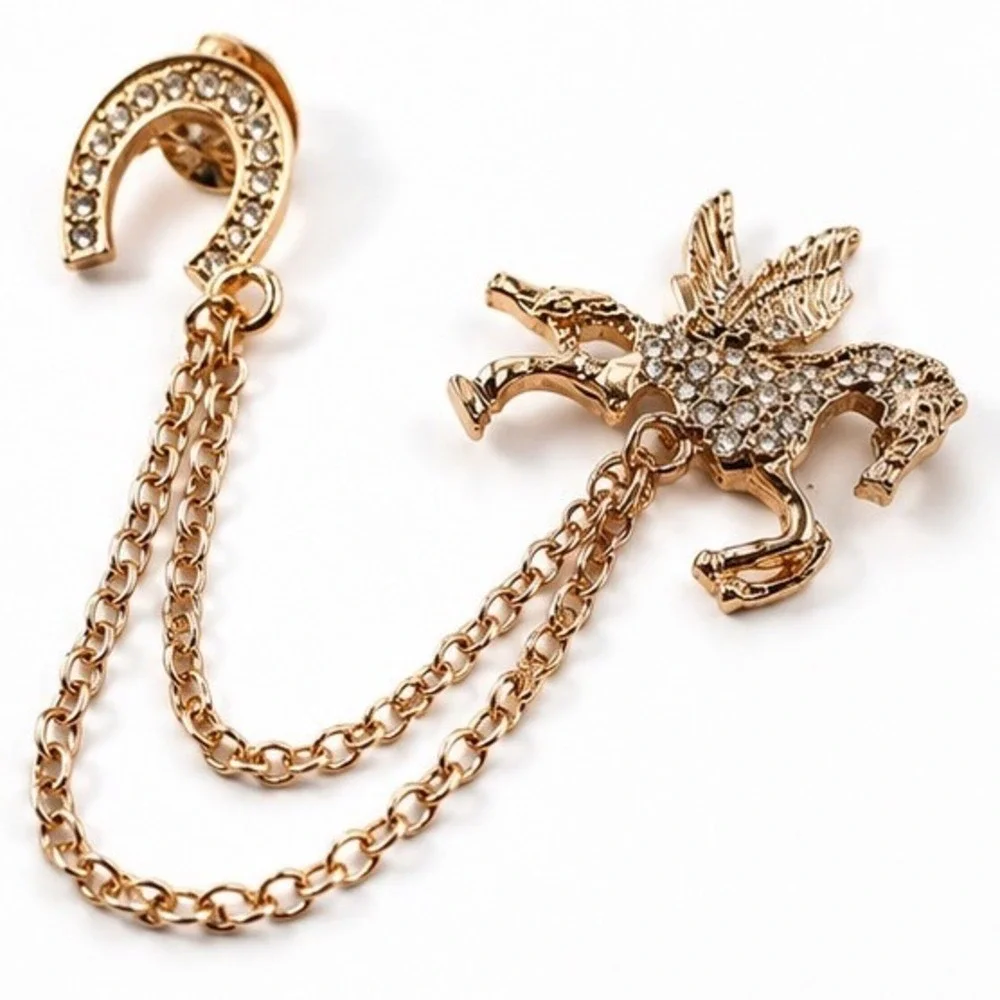 Pegasus & Horseshoe Rhinestone Draped Chain Brooch Collar Pin Hat Accessory